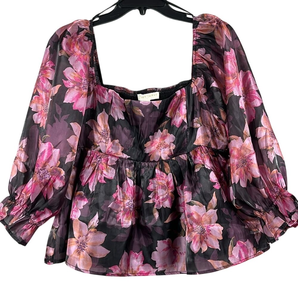 Thirty Thirty Floral Baby Doll ‎ Blouse Puff Sleeve Womens Size XL NWT Pink